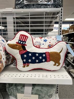 Patriotic Fourth of July Dachshund Doxie Decorative Pillow - Red, White & Blue